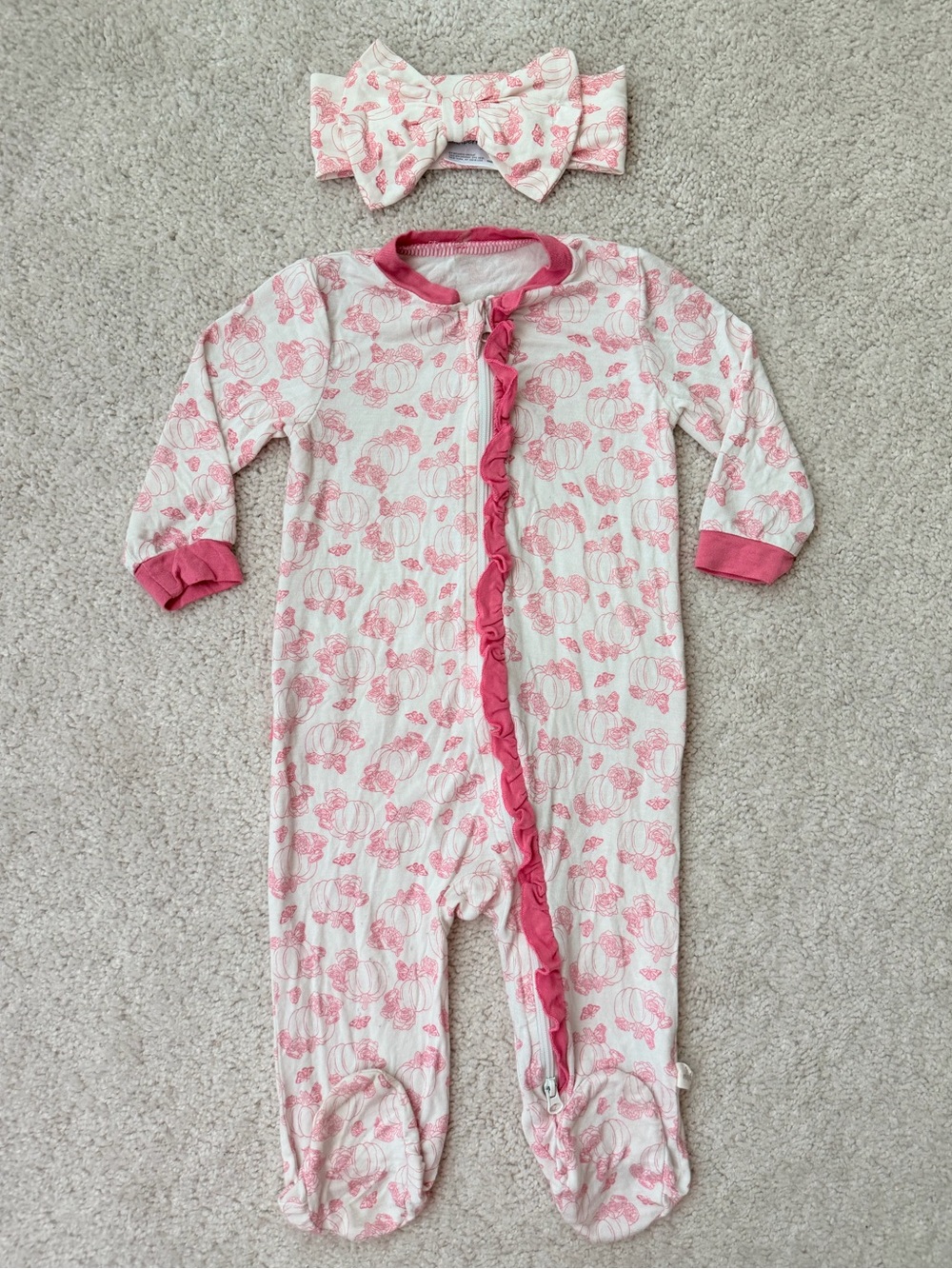 Milkberry Pink Pumpkin Print Ruffled Zippered Footie with Matching Bow